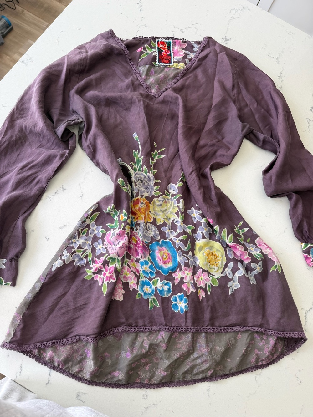 Vintage Johnny Was 100% Silk Embroidered Blouse